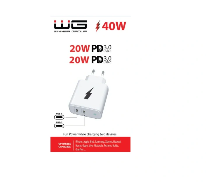 Síťová nabíječka 2x USB-C 40W - bílá