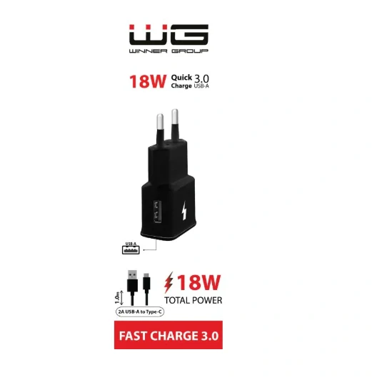 Síťová nabíječka FAST 1x USB-A 15W + kabel USB-C - černá