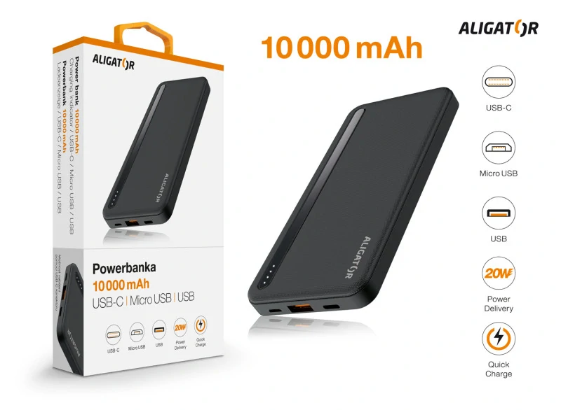 POWERBANKA ALIGATOR PBAL1050 / 10.000mAh / 20W / černá