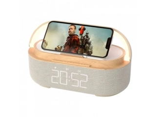 MULTIFUNKČNÍ ZAŘÍZENÍ WG / FM-RÁDIO/REPRODUKTOR/NABÍJEČKA 15W/LAMPA/BUDÍK, DŘEVO/BÍLÉ